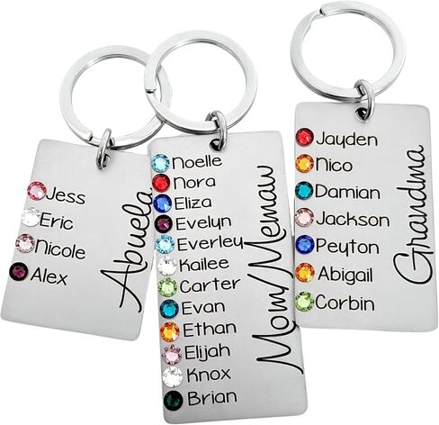 سلسلة مفاتيح مخصصة لحجر الميلاد - هدية من الفولاذ المقاوم للصدأ محفورة خصيصًا للأم والجدة ونانا - ما يصل إلى 12 اسمًا للأطفال مع بلورات جوهرة الميلاد - تذكار عائلي من الأحفاد in Kuwait