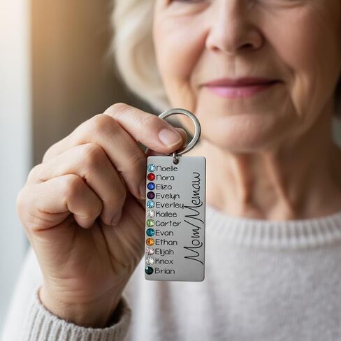 سلسلة مفاتيح مخصصة لحجر الميلاد - هدية من الفولاذ المقاوم للصدأ محفورة خصيصًا للأم والجدة ونانا - ما يصل إلى 12 اسمًا للأطفال مع بلورات جوهرة الميلاد - تذكار عائلي من الأحفاد in Kuwait