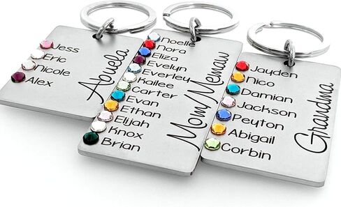 سلسلة مفاتيح مخصصة لحجر الميلاد - هدية من الفولاذ المقاوم للصدأ محفورة خصيصًا للأم والجدة ونانا - ما يصل إلى 12 اسمًا للأطفال مع بلورات جوهرة الميلاد - تذكار عائلي من الأحفاد in Kuwait