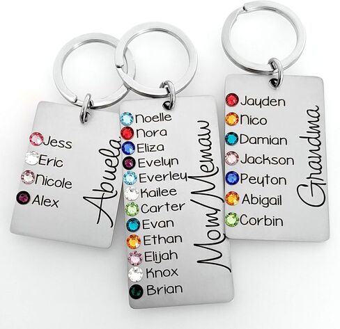 سلسلة مفاتيح مخصصة لحجر الميلاد - هدية من الفولاذ المقاوم للصدأ محفورة خصيصًا للأم والجدة ونانا - ما يصل إلى 12 اسمًا للأطفال مع بلورات جوهرة الميلاد - تذكار عائلي من الأحفاد in Kuwait