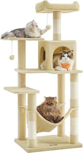 Feandrea Cat Tree ، برج القط مقاس 61 بوصة للقطط الداخلية ، شقة Cat متعددة المستويات الفخمة مع 5 وظائف خدش ، عثمان ، 2 كهوف ، أرجوحة ، 2 بومبوم ، رمادي رمادي فتيش 192W01 in Saudi Arabia