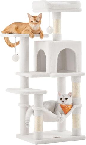 Feandrea Cat Tree, 61-Inch Cat Tower for Indoor Cats, Plush Multi-Level Cat Condo with 5 Scratching Posts, 2 Perches, 2 Caves, Hammock, 2 Pompoms, Light Gray UPCT192W01 in Saudi Arabia