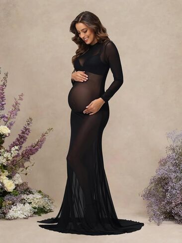 JustVH Women's Maternity Sexy See-Through Mesh Long Sleeves High Split Maxi Photography Dress for Baby Shower Photoshoot in Saudi Arabia