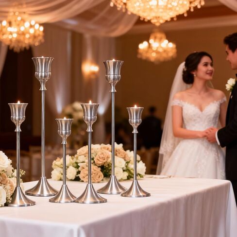 Six-Piece Silver-Tone Candleholder Set - Redefining The Ritual of Space Ideal for Weddings, Table centerpieces, and Home Decor The in Saudi Arabia