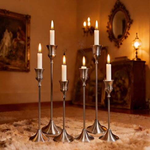 Six-Piece Silver-Tone Candleholder Set - Redefining The Ritual of Space Ideal for Weddings, Table centerpieces, and Home Decor The in Saudi Arabia