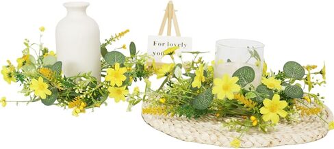 2 Pcs Artificial Spring Summer Wreaths Fake Silk Floral Wreath with Green Eucalyptus Leaves and Lavender for Front Door Window Wall Wedding Table Farmhouse Festival Decor(Yellow) in Saudi Arabia