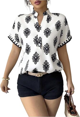 Women's Boho Print Notch V Neck Blouse Summer Short Sleeve Vacation Tops in Saudi Arabia