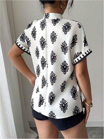 Women's Boho Print Notch V Neck Blouse Summer Short Sleeve Vacation Tops in Saudi Arabia