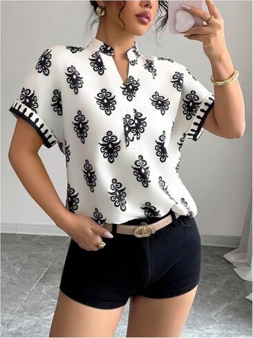 Women's Boho Print Notch V Neck Blouse Summer Short Sleeve Vacation Tops in Saudi Arabia
