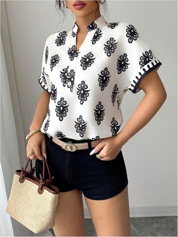 Women's Boho Print Notch V Neck Blouse Summer Short Sleeve Vacation Tops in Saudi Arabia