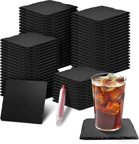36pcs Black Slate Coasters Bulk Set 18 Round & 18 Square 4Inch Stone Coasters for Laser Engraving, DIY, Home, Bar, Wedding & Party Decor in Saudi Arabia