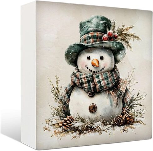Snowman Winter Wooden Sign - Snowman Winter Wooden Box Signs, Winter Snowman Table Desk Signs for Home Decor, Winter Decorations for Home, 5×5 Inch in Saudi Arabia