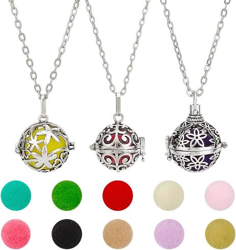 PH PandaHall 3pcs Golden Essential Oil Diffuser Necklace, Aromatherapy Locket Pendant with 10pcs Color Cotton Balls Scent Necklace Hollow Flower Pendant Necklaces for Men Women Jewelry Birthday Gifts in Saudi Arabia