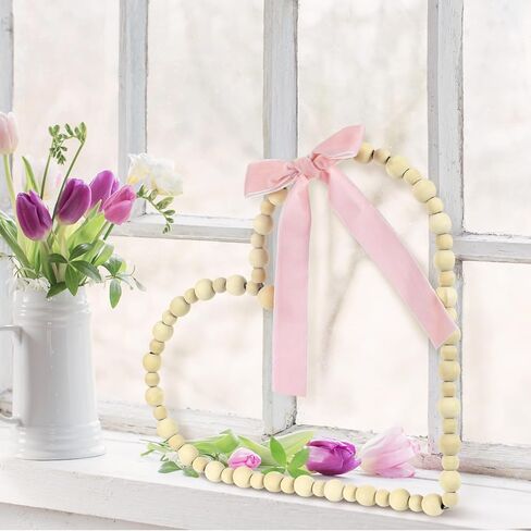 12 Inch Valentines Wooden Bead Heart Wreath Heart Wreath with Pink Velvet Ribbon Bow Valentine's Day Decor Gift Farmhouse Rustic Beads Garland Tiered Tray Decor for Home Desktop Window Door in Saudi Arabia