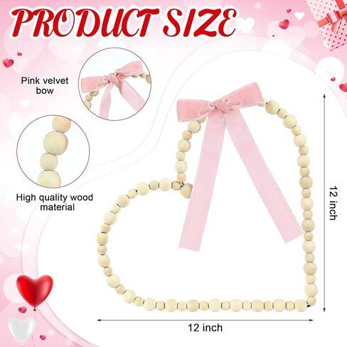 12 Inch Valentines Wooden Bead Heart Wreath Heart Wreath with Pink Velvet Ribbon Bow Valentine's Day Decor Gift Farmhouse Rustic Beads Garland Tiered Tray Decor for Home Desktop Window Door in Saudi Arabia