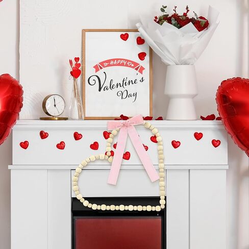 12 Inch Valentines Wooden Bead Heart Wreath Heart Wreath with Pink Velvet Ribbon Bow Valentine's Day Decor Gift Farmhouse Rustic Beads Garland Tiered Tray Decor for Home Desktop Window Door in Saudi Arabia