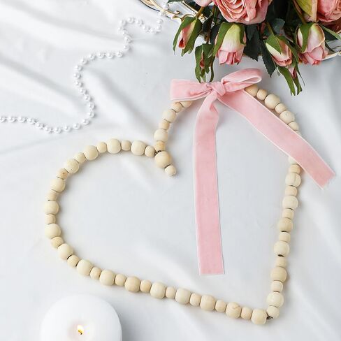 12 Inch Valentines Wooden Bead Heart Wreath Heart Wreath with Pink Velvet Ribbon Bow Valentine's Day Decor Gift Farmhouse Rustic Beads Garland Tiered Tray Decor for Home Desktop Window Door in Saudi Arabia