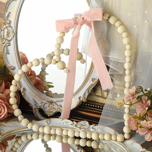 12 Inch Valentines Wooden Bead Heart Wreath Heart Wreath with Pink Velvet Ribbon Bow Valentine's Day Decor Gift Farmhouse Rustic Beads Garland Tiered Tray Decor for Home Desktop Window Door in Saudi Arabia