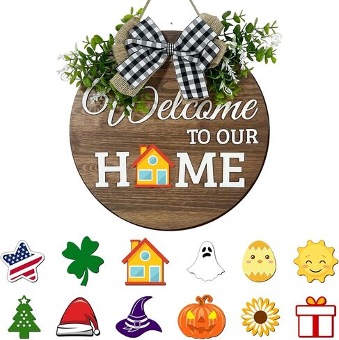 Interchangeable Seasonal Welcome Sign Front Door Decoration, Rustic Round Wood Wreaths Wall Hanging Outdoor Decor for Spring Summer Autumn and Winter All Seasons Holiday Halloween Christmas in Saudi Arabia