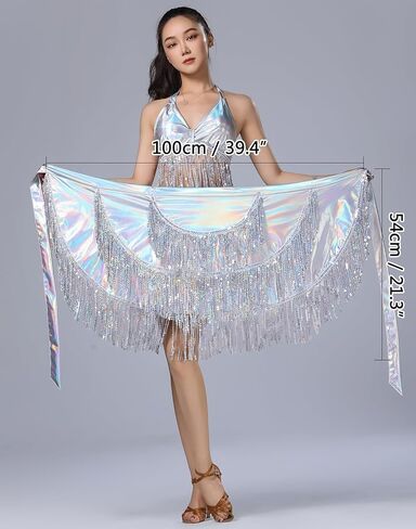 Sequin Fringe Skirts for Women Teens Sparkly Tassel Festival Rave Wrap Skirt Latin Belly Dance Hip Scarf in Saudi Arabia