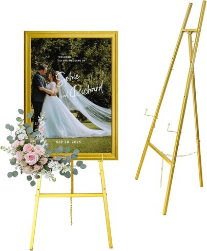 Gold Easel Stand for Sign – 47" Heavy Duty Metal Easel with 4-Tier Height & Adjustable Angle – Elegant Art Easel for Wedding Sign, Welcome Boards, Display, Event – Easy Assembly, Storage Bag Included in Saudi Arabia