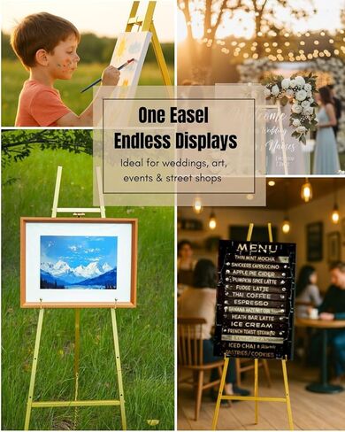 Gold Easel Stand for Sign – 47" Heavy Duty Metal Easel with 4-Tier Height & Adjustable Angle – Elegant Art Easel for Wedding Sign, Welcome Boards, Display, Event – Easy Assembly, Storage Bag Included in Saudi Arabia