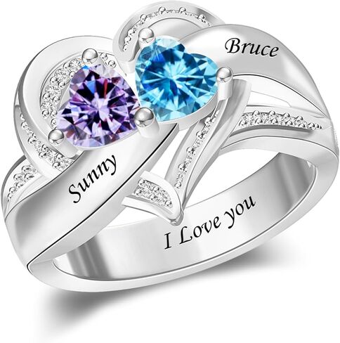 Sterling Silver Personalized 2 Birthstones Rings for Women Custom Name Engraved Promise Rings with 2 Birthstones Jewelry Gifts for Mom,Wife,Girlfriend in Saudi Arabia