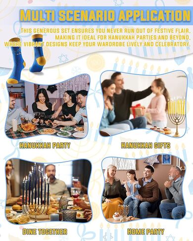 12 زوجًا من جوارب Hanukkah المبتكرة - 6 أنماط للرجال والنساء - جوارب بنمط Chanukah Hexagram Star Menorah Dreidel باللون الأزرق - هدايا مضحكة لحفلات Hanukkah ومستلزمات أزياء العطلات in Kuwait