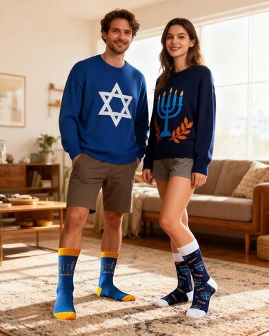 12 زوجًا من جوارب Hanukkah المبتكرة - 6 أنماط للرجال والنساء - جوارب بنمط Chanukah Hexagram Star Menorah Dreidel باللون الأزرق - هدايا مضحكة لحفلات Hanukkah ومستلزمات أزياء العطلات in Kuwait