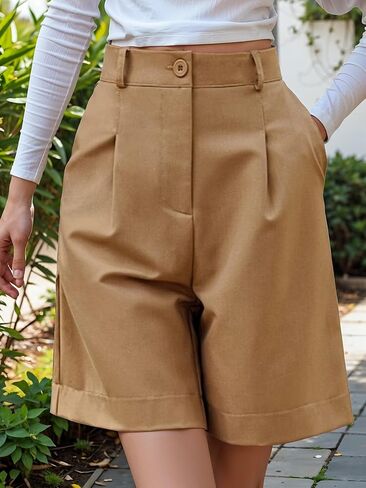Shorts for Women High-Waisted Casual Elastic Wide Leg Knee Length Shorts with Pockets Summer Shorts Trendy 2025 in Saudi Arabia