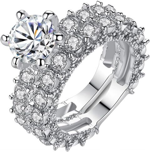 Silver Plated Princess Cut Created Pink Topaz CZ Cubic Zirconia Pave Filled Wedding Engagement Proposal Women's Ring 2PCS Halo Set Band for Mom Bridal Lover 9# in Saudi Arabia