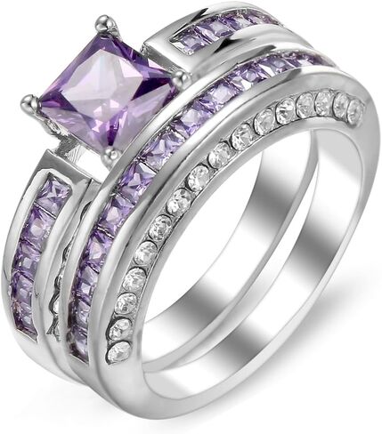 Silver Plated Princess Cut Created Pink Topaz CZ Cubic Zirconia Pave Filled Wedding Engagement Proposal Women's Ring 2PCS Halo Set Band for Mom Bridal Lover 9# in Saudi Arabia