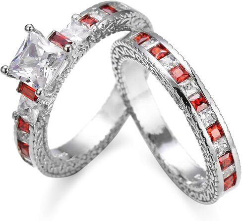 Silver Plated Princess Cut Created Pink Topaz CZ Cubic Zirconia Pave Filled Wedding Engagement Proposal Women's Ring 2PCS Halo Set Band for Mom Bridal Lover 9# in Saudi Arabia