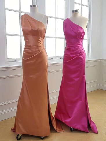 RYANTH One Shoulder Bridesmaid Dresses for Women Satin Mermaid Prom Dress Long Evening Gowns with Slit in Saudi Arabia