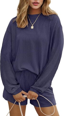 Ekouaer 2 Pieces Lounge Set for Women Long Sleeve Pajamas Top and Shorts Matching Sets Outfits with Pockets Navy Blue in Saudi Arabia