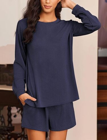 Ekouaer 2 Pieces Lounge Set for Women Long Sleeve Pajamas Top and Shorts Matching Sets Outfits with Pockets Navy Blue in Saudi Arabia