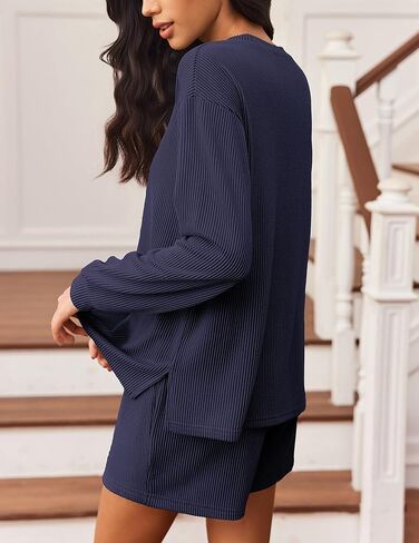Ekouaer 2 Pieces Lounge Set for Women Long Sleeve Pajamas Top and Shorts Matching Sets Outfits with Pockets Navy Blue in Saudi Arabia