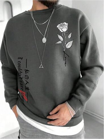 Men's Floral Graphic Sweatshirts Letter Print Long Sleeve Vintage Crew Neck Pullover Tops in Saudi Arabia