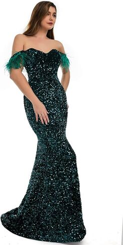 Sequins Velvet Mermaid Prom Dress Off Shoulder Feather Sleeves Sweetheart Neckline Evening Dress in Saudi Arabia