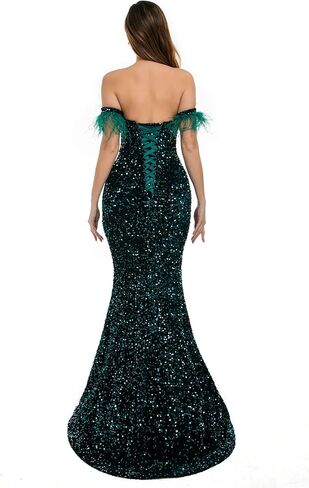 Sequins Velvet Mermaid Prom Dress Off Shoulder Feather Sleeves Sweetheart Neckline Evening Dress in Saudi Arabia