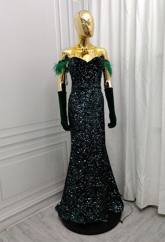 Sequins Velvet Mermaid Prom Dress Off Shoulder Feather Sleeves Sweetheart Neckline Evening Dress in Saudi Arabia
