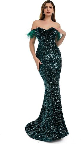 Sequins Velvet Mermaid Prom Dress Off Shoulder Feather Sleeves Sweetheart Neckline Evening Dress in Saudi Arabia