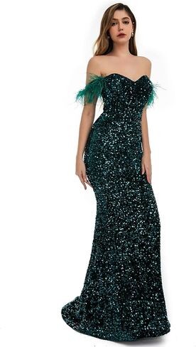 Sequins Velvet Mermaid Prom Dress Off Shoulder Feather Sleeves Sweetheart Neckline Evening Dress in Saudi Arabia