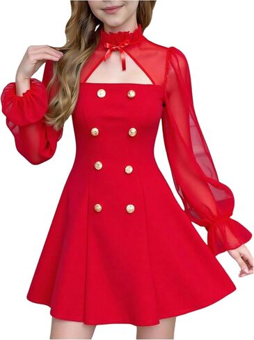Floerns Girl's Cut Out Bow Mock Neck A Line Dress Contrast Mesh Bell Sleeve Birthday Party Dresses in Saudi Arabia