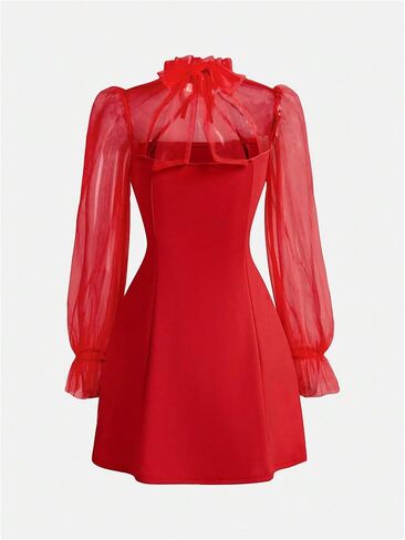 Floerns Girl's Cut Out Bow Mock Neck A Line Dress Contrast Mesh Bell Sleeve Birthday Party Dresses in Saudi Arabia
