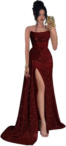 Sequin Prom Dresses for Women Strapless Pleated Slit Tulle Wedding Guest Bodycon Cocktail Evening Gown Formal Dress in Saudi Arabia