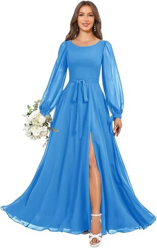 Long Sleeve Bridesmaid Dresses for Women Chiffon Scoop Neck Floor Length Side Slit Evening Formal Gown in Saudi Arabia