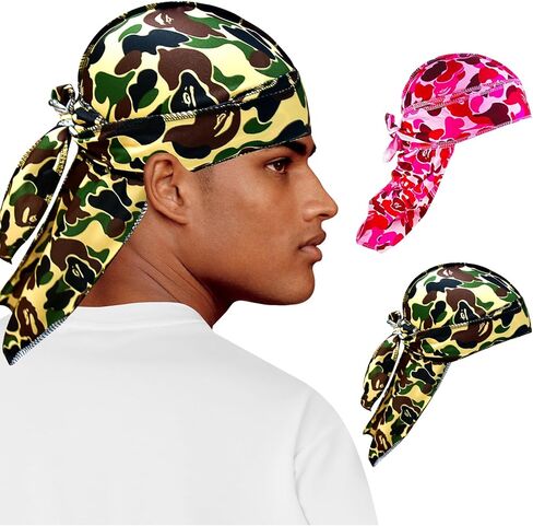 Durag for Men Designer Durag Silky Camouflage Cap Rags Hip Hop Turban Man Doorag Hair Wrap for Sleeping Dorag, 2Pcs in Saudi Arabia