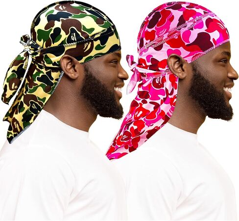 Durag for Men Designer Durag Silky Camouflage Cap Rags Hip Hop Turban Man Doorag Hair Wrap for Sleeping Dorag, 2Pcs in Saudi Arabia