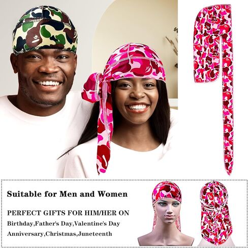 Durag for Men Designer Durag Silky Camouflage Cap Rags Hip Hop Turban Man Doorag Hair Wrap for Sleeping Dorag, 2Pcs in Saudi Arabia